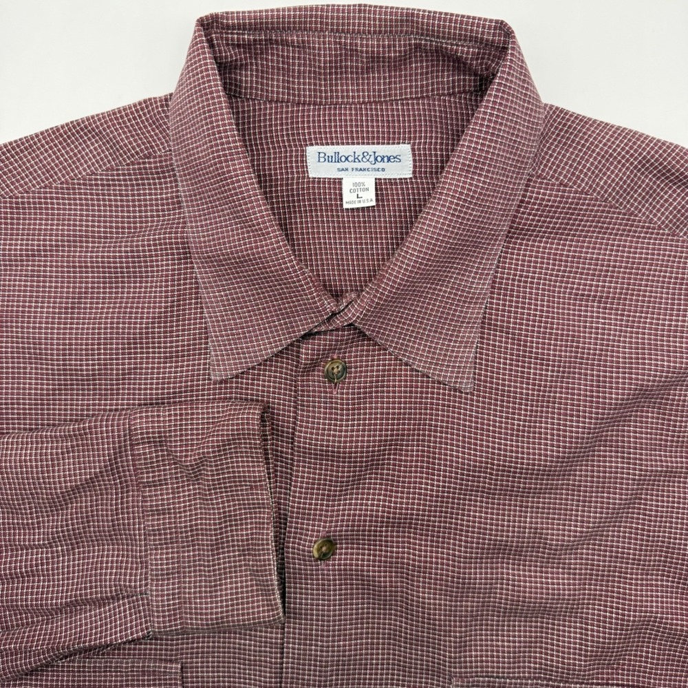 Bullock & Jones Button Down Shirt Mens L Burgundy Micro Check Cotton Made in USA